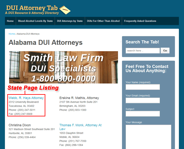 U.S. state page DUI listing